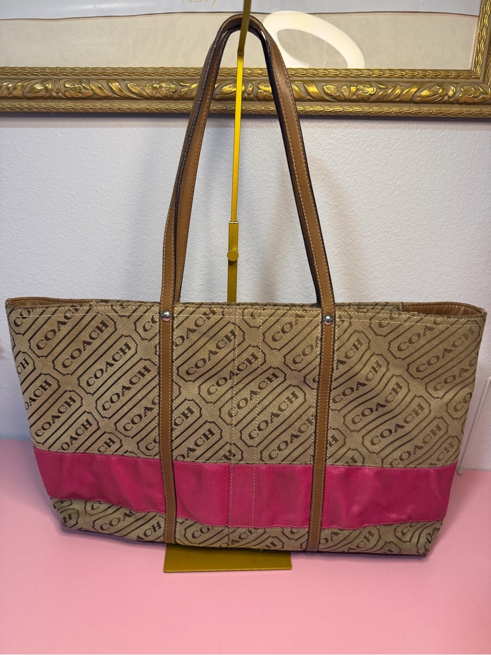 Coach Monogram Canvas Tote with Pink Band and Tan Straps